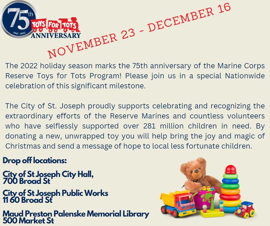 Toys for Tots Collection Now thru December 16, 2022 at City Hall St