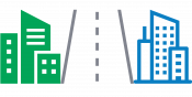 Two cityscapes divided by a road. The one on the left is highlighted in green.