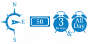 A windrose pointing to east next to a dollar bill that says zero dollars per hour next to clocks that say 3 hours and all day
