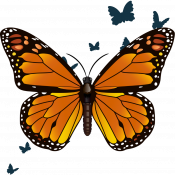 An illustration of a monarch butterfly, with silhouetted butterflies flying in the background.