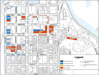 A map showing parking in downtown St. Joseph.