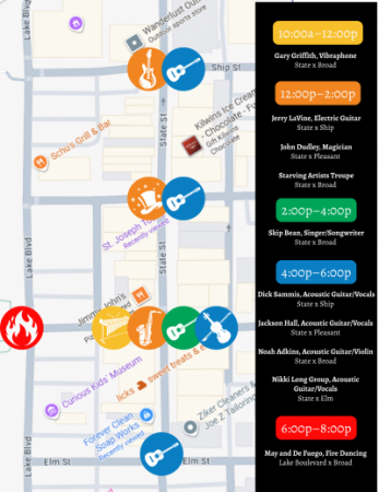 A map of downtown with different icons for different busking acts.
