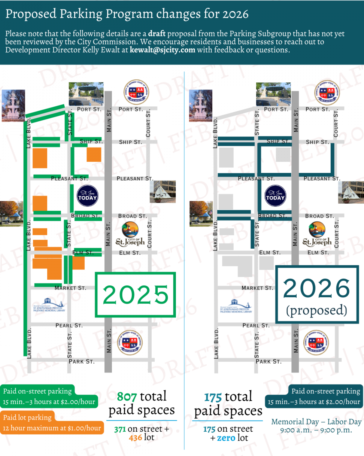 Two side-by-side maps show the proposed differences in paid parking spots and locations from 2025 to 2026.