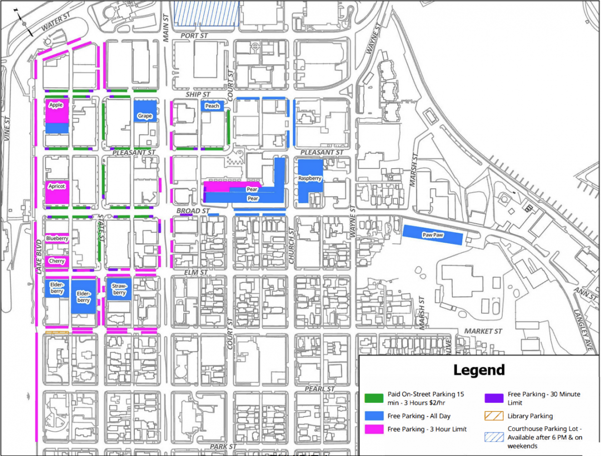 A map highlights on-street and lot parking in different colors to show paid parking as well as free 3 hour-limited parking.