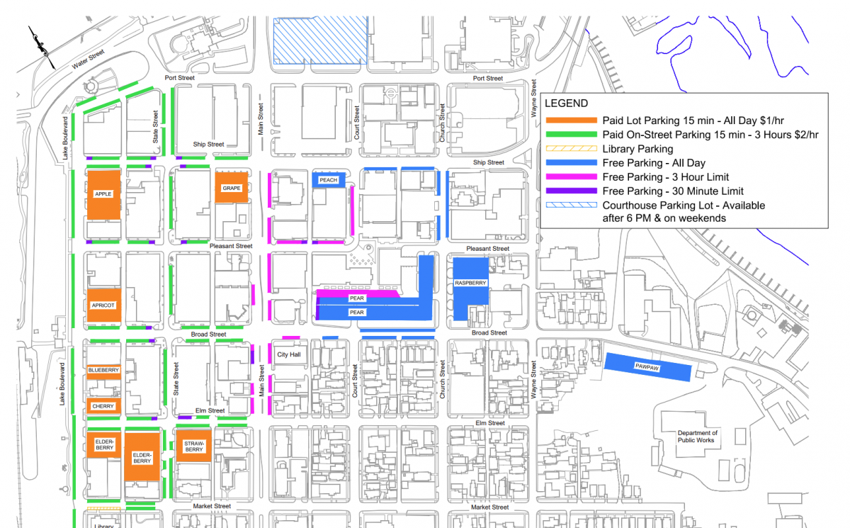 Map of Downtown Saint Joseph with parking lots and on-street parking areas highlighted and color-coded based on parking costs.