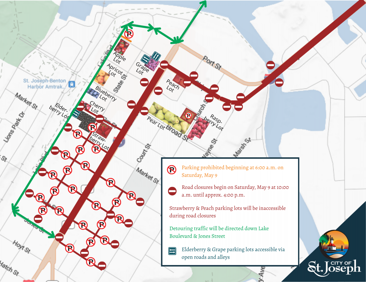 A map showing street closures in downtown St. Joseph on Saturday, May 9